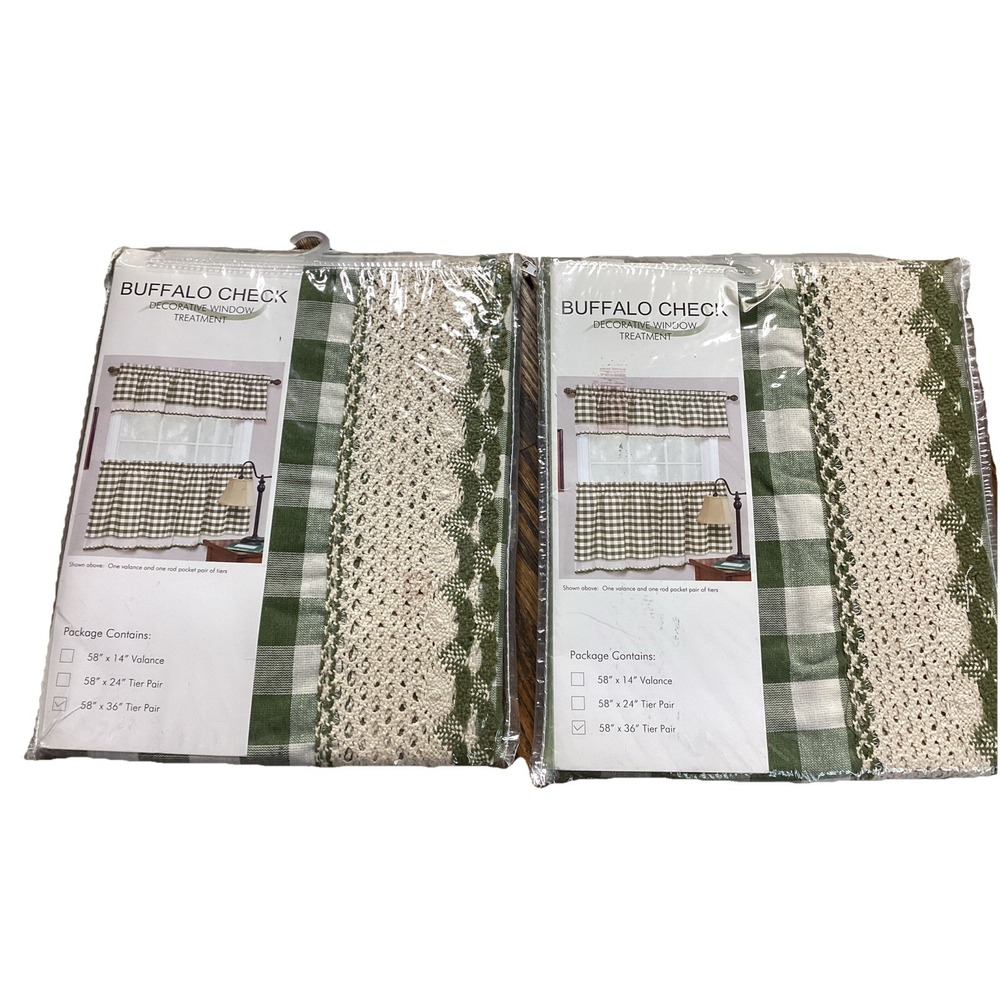 Vintage (2) Green Buffalo Check Valence Window Treatments 58"x24" Tier Pair